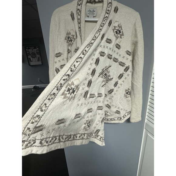 Lucky Brand Lucky Lotus Beige Cream Aztec Embroidered Knit Wrap Cardigan‎ L - Picture 4 of 7